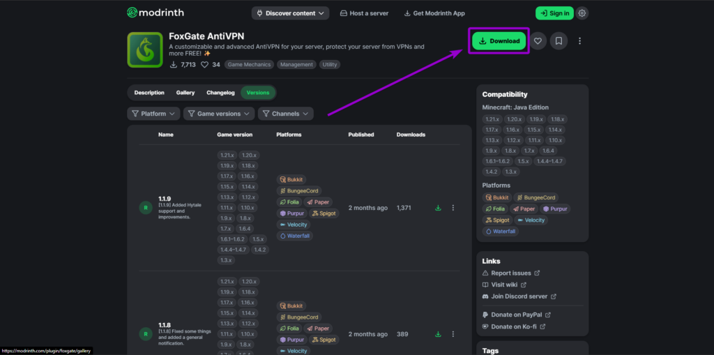 Locating and downloading the FoxGate AntiVPN plugin from the official Modrinth resource page