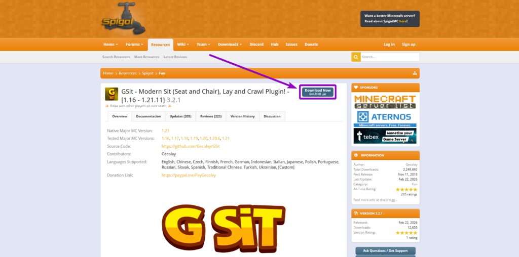 Locating and downloading the GSit plugin from the official SpigotMC resource page