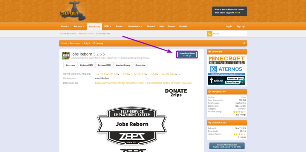 Navigating to the official Jobs Reborn page on Modrinth to download the plugin jar file