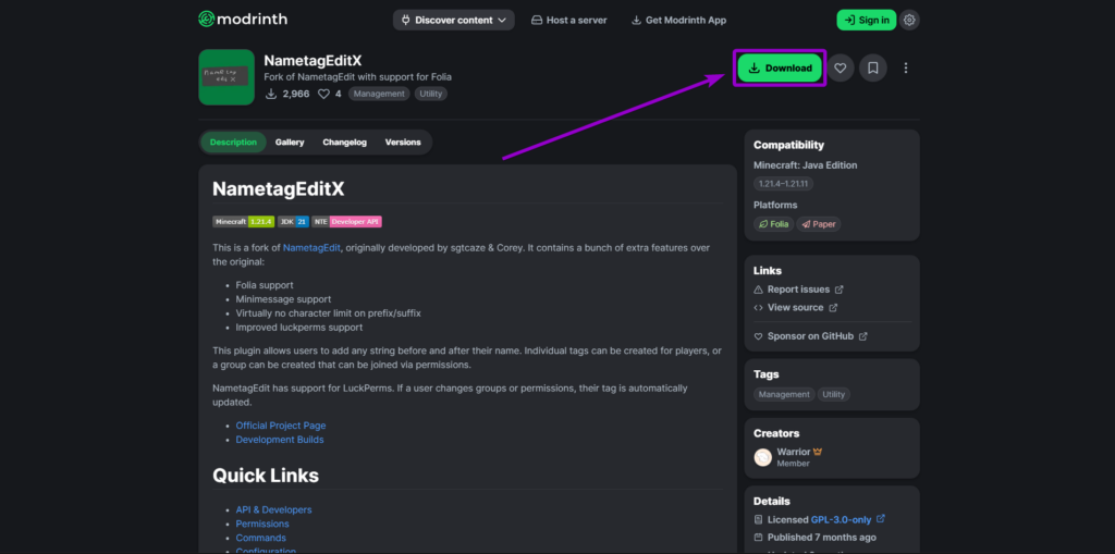 Locating and downloading the NametagEditX plugin from the official Modrinth resource page