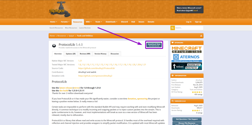 Locating and downloading the ProtocolLib companion plugin from the official SpigotMC resource page