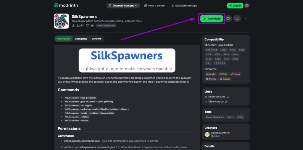 Locating and downloading the SilkSpawners plugin from the official Modrinth resource page