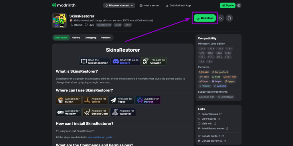 Locating and downloading the SkinsRestorer plugin from the official Modrinth resource page