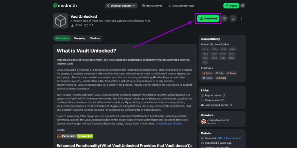 Locating and downloading the VaultUnlocked plugin from the official Modrinth resource page