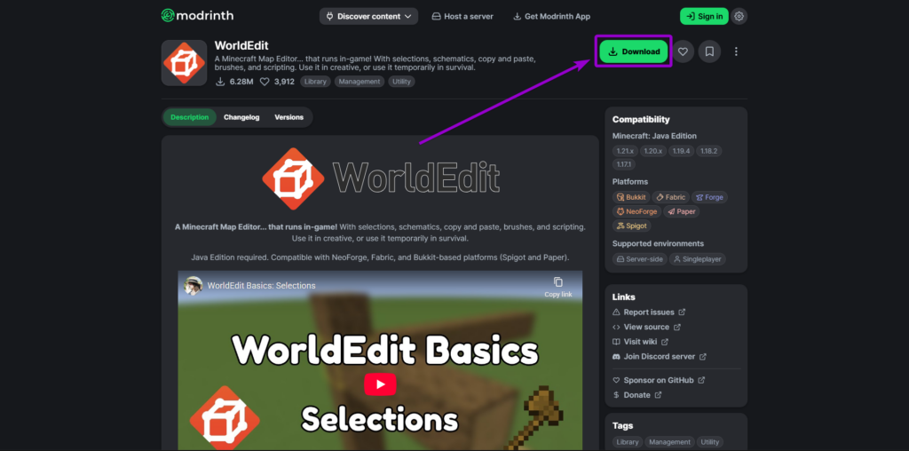 worldedit-plugin.jpg	Locating and downloading the WorldEdit plugin from the official Modrinth resource page