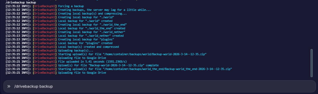 Minecraft console showing the DriveBackupV2 backup progress