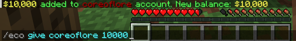 An admin using the /eco give command in the game chat to instantly deposit money into a player's account