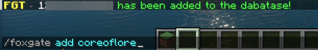 An admin using the /foxgate add command in the game chat to manually add a player to the blocked database