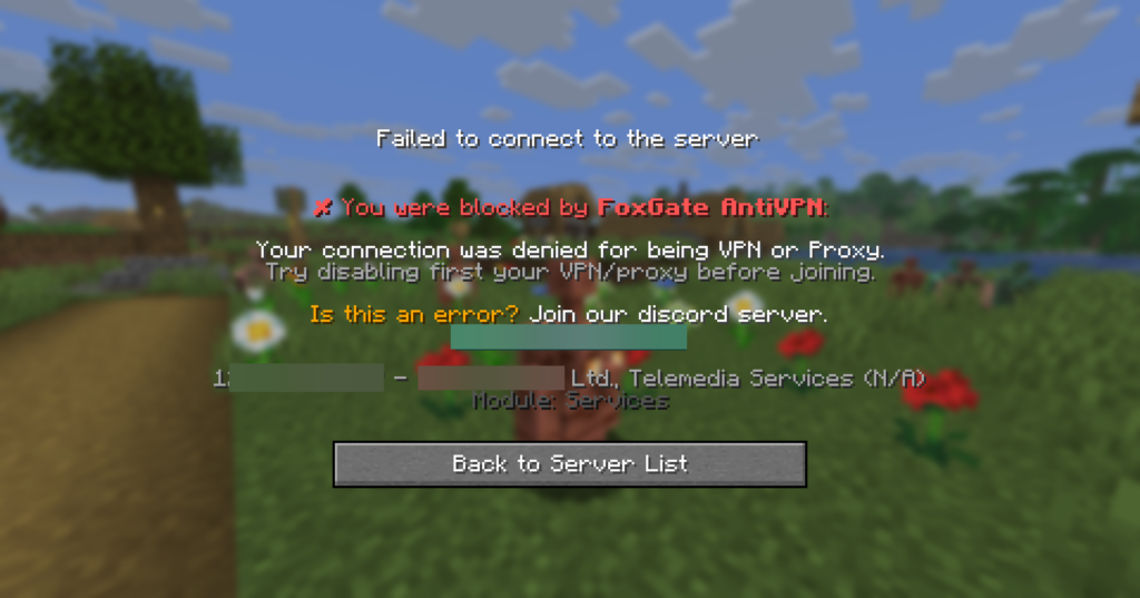 A Minecraft disconnection screen showing a player being kicked by FoxGate AntiVPN for using a VPN or proxy
