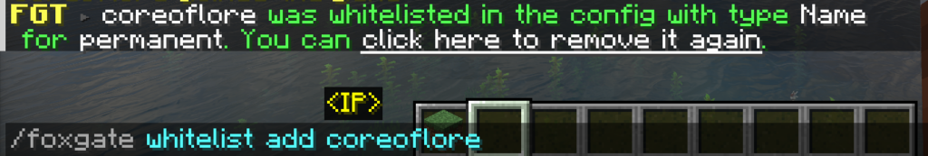 An admin using the /foxgate whitelist add command to allow a trusted player to bypass the VPN filter
