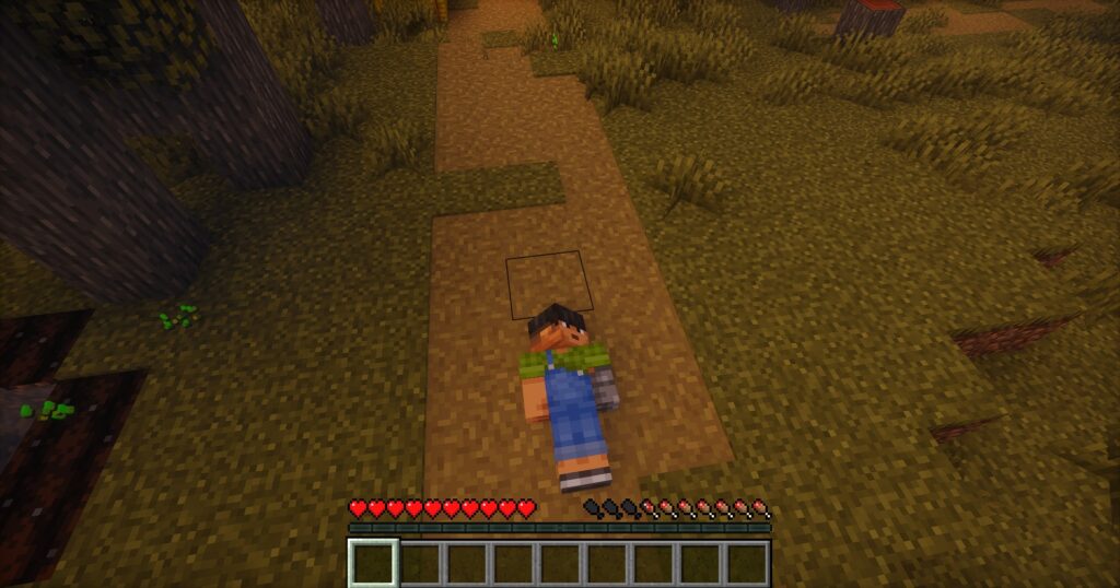 A player laying down flat on a dirt path in Minecraft using the GSit plugin