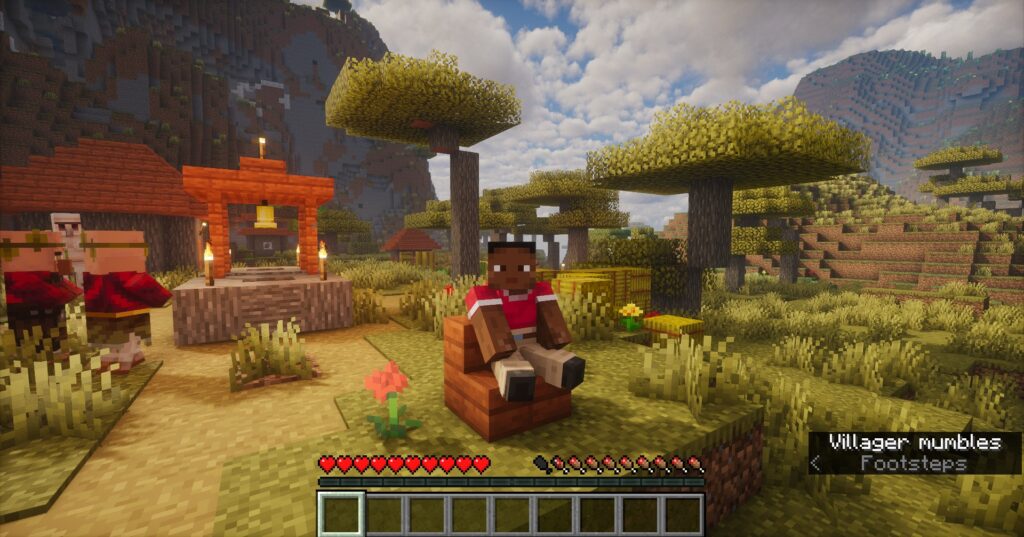 A Minecraft player character sitting down on a wooden stair block using the GSit plugin