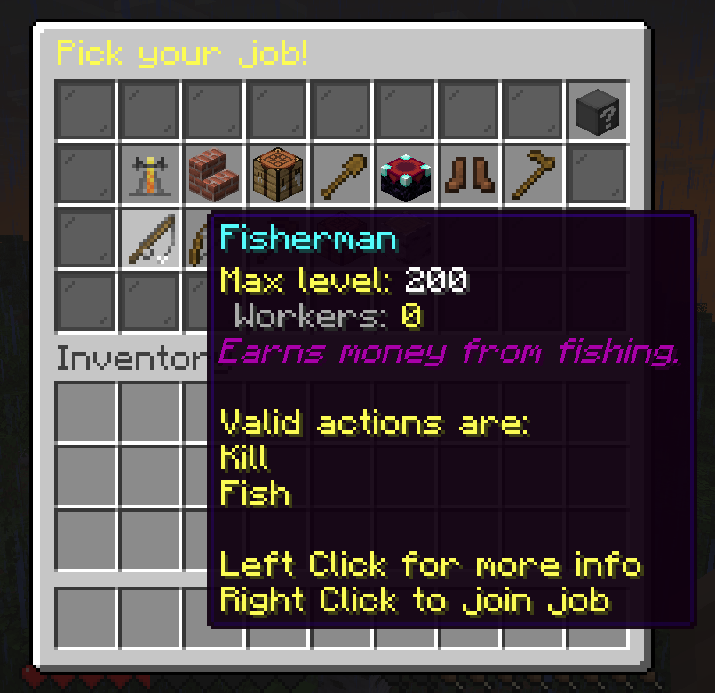 A Minecraft player using the /jobs browse command to open the visual GUI menu showing all available jobs