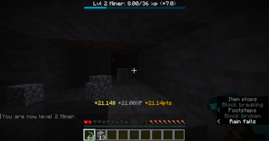 A player mining stone and receiving an active on screen notification showing money and experience earned from the Miner job