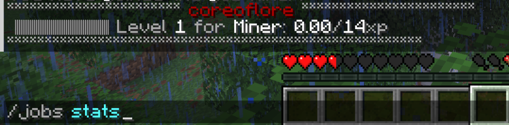 In game chat log showing the results of the /jobs stats command, detailing current job levels and experience progress