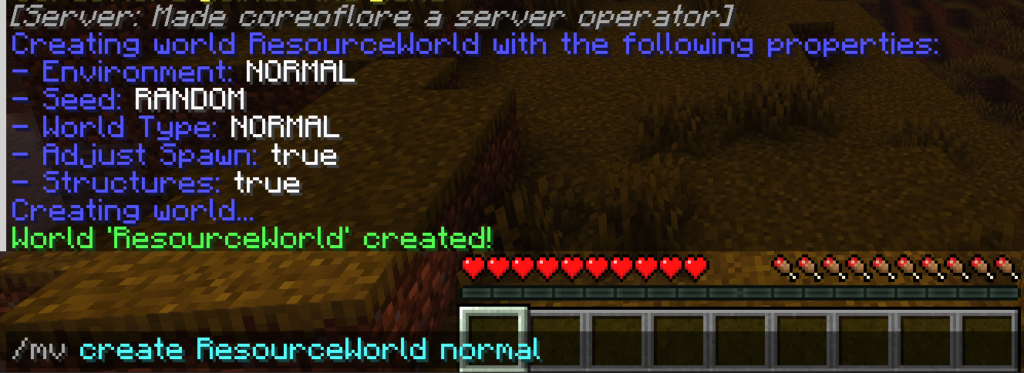 An admin using the /mv create command in the Minecraft chat to generate a brand new standard survival world