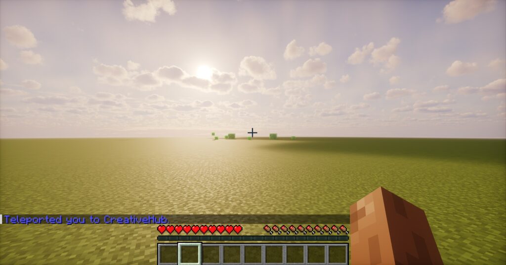 A player standing in a flat grass world after using the /mv tp command to teleport to the new Creative dimension