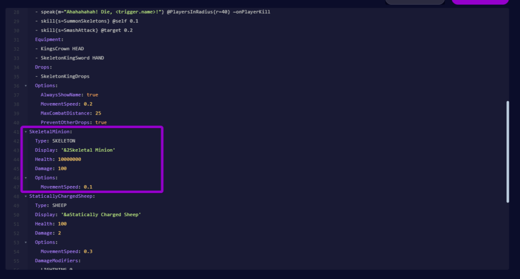 Looking at the MythicMobs configuration file in the web panel to change a custom monster's health and damage fields