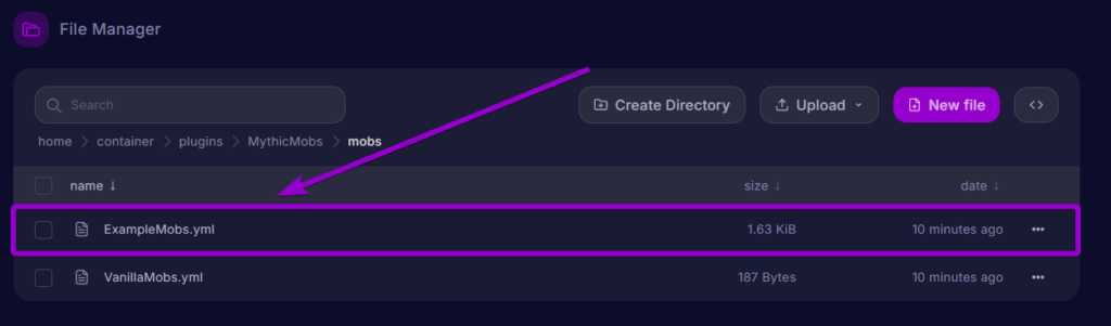 Locating the ExampleMobs.yml text file to edit and create custom monsters