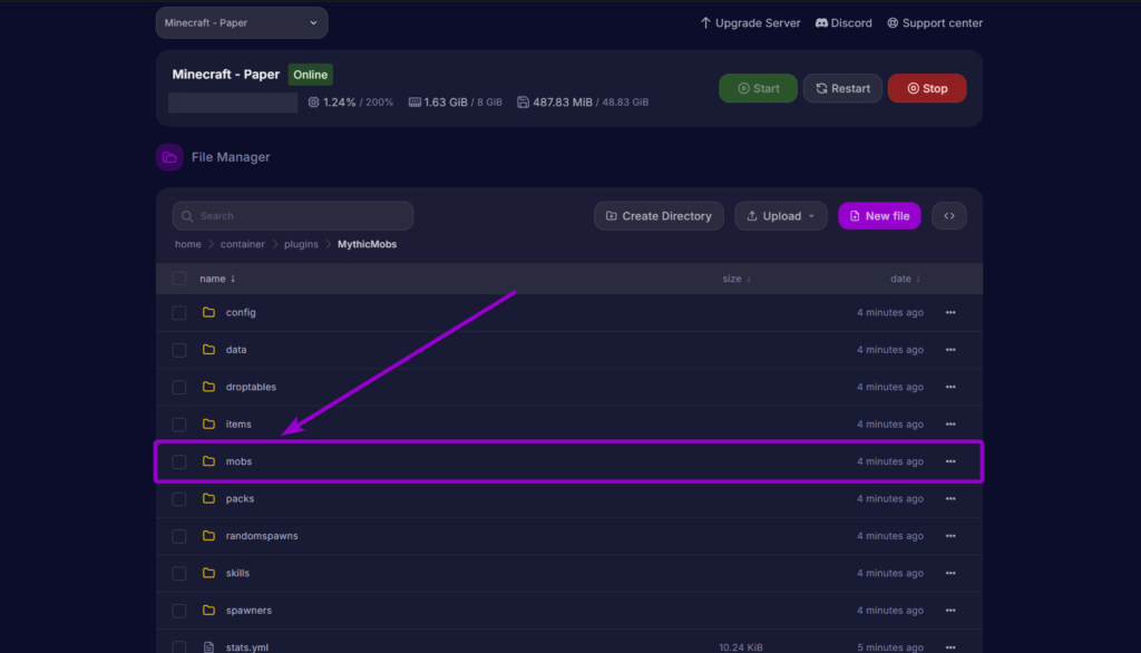 Opening the mobs configuration folder inside the MythicMobs plugin directory