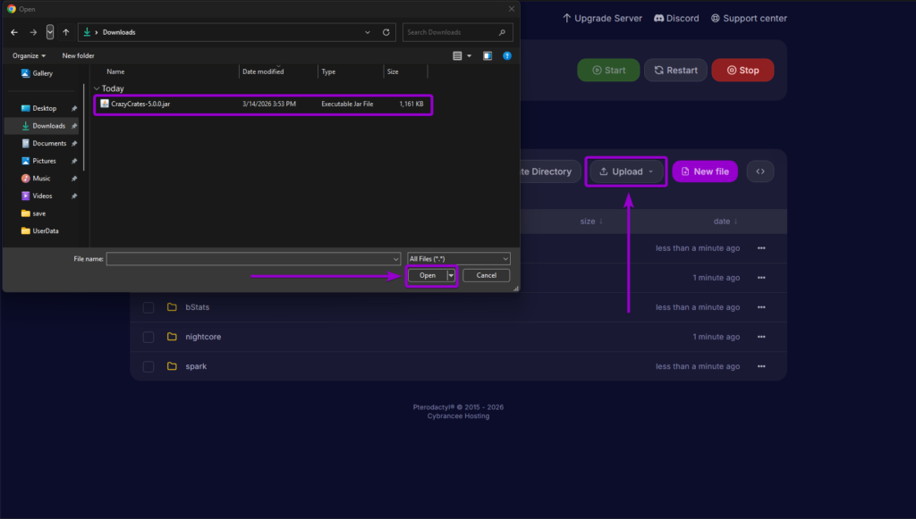 Uploading CrazyCrates jar file to Minecraft server file manager