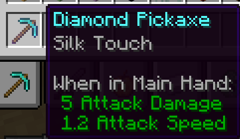 A Minecraft player's inventory showing a Diamond Pickaxe enchanted with Silk Touch, which is required to mine spawners
