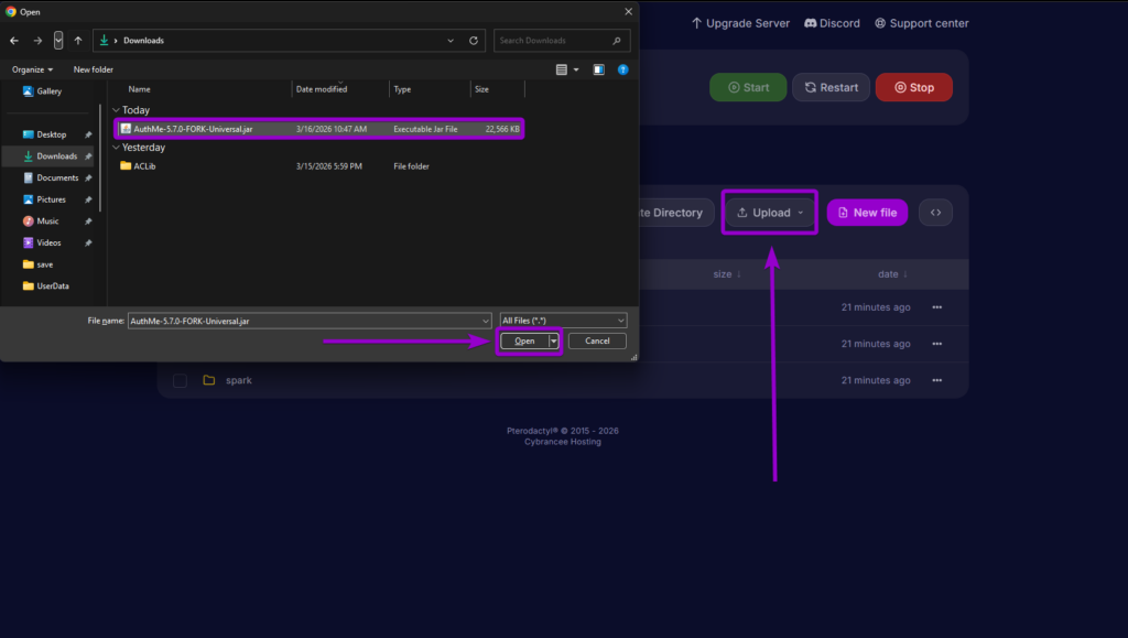 Uploading the AuthMe jar file into the server's plugins directory using the Cybrancee web panel