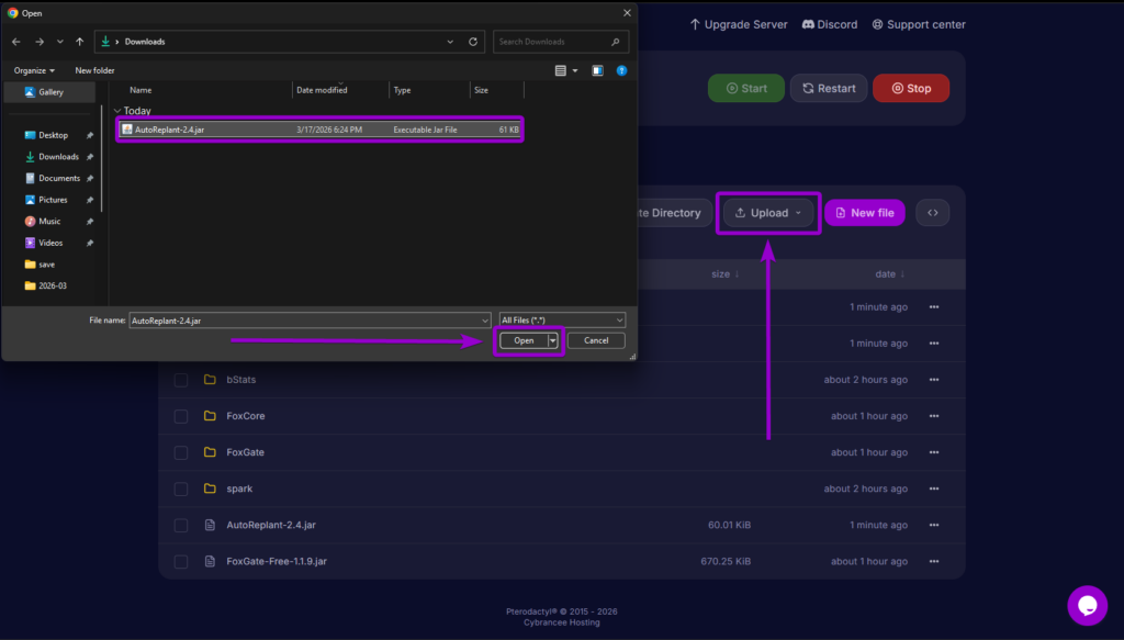 Uploading the AutoReplant jar file into the server's plugins directory