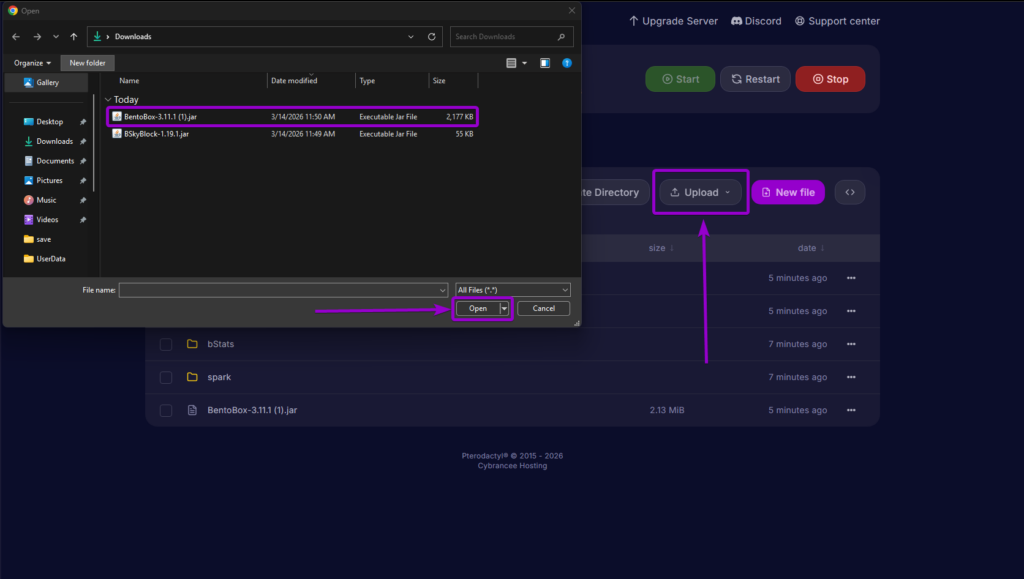 Uploading BentoBox plugin jar file in Minecraft file manager