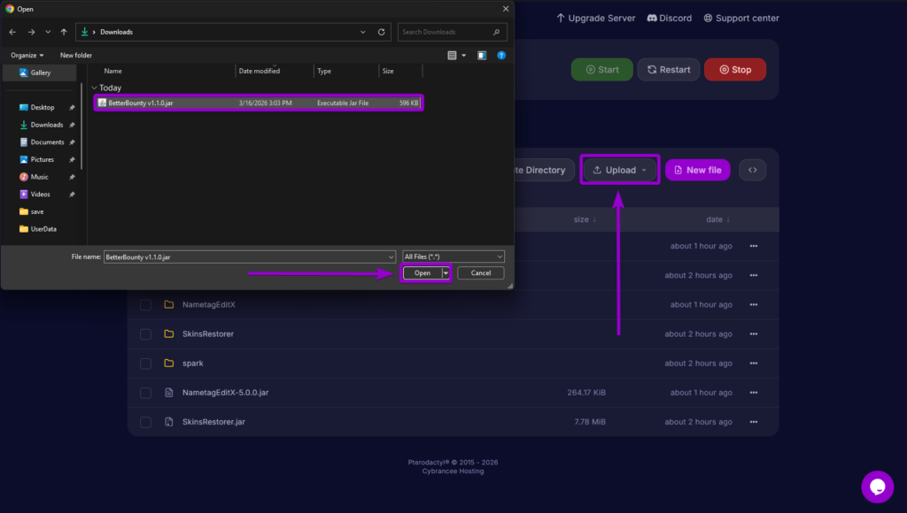 Uploading the BetterBounty jar file into the server's plugins directory