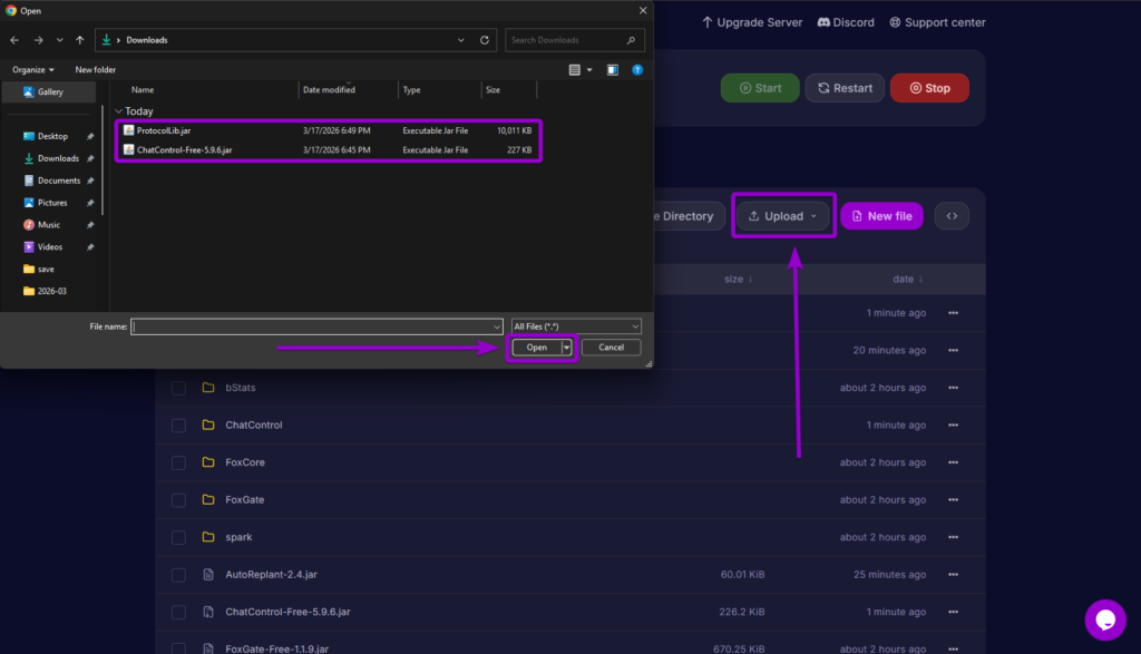 Uploading both the ChatControl and ProtocolLib jar files into the server's plugins directory