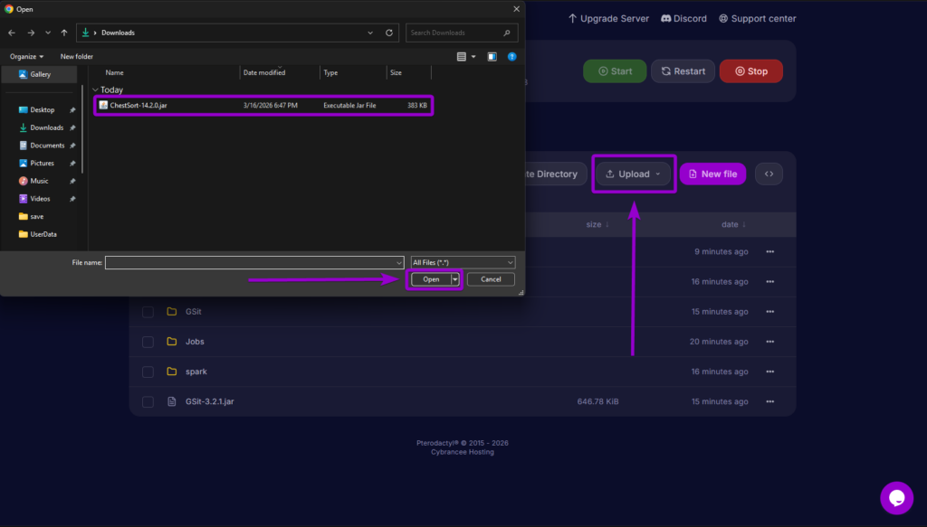 Uploading the ChestSort jar file into the server's plugins directory