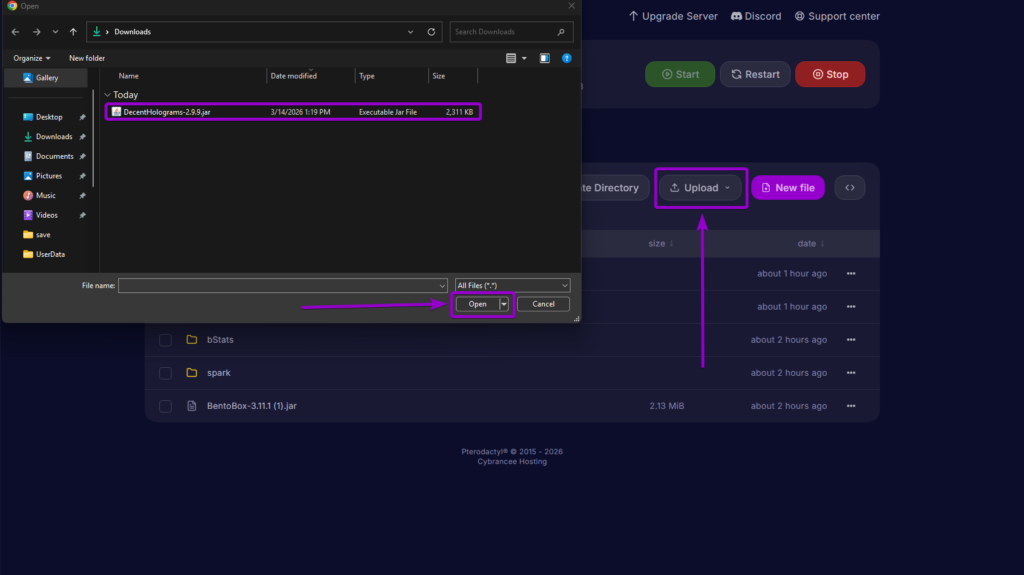 Uploading DecentHolograms jar file in Minecraft file manager