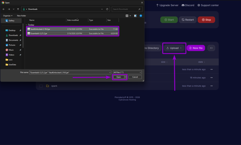 Uploading both the EssentialsX and Vault jar files into the server's plugins directory
