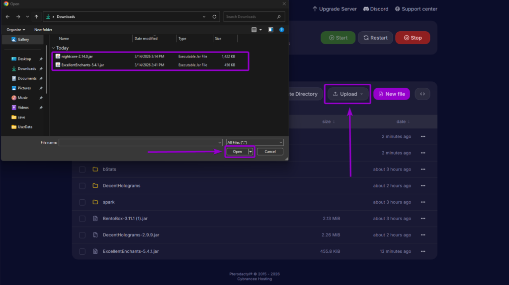 Uploading ExcellentEnchants and NightCore jar files in Minecraft file manager