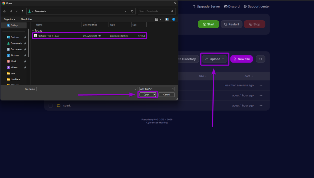 Uploading the FoxGate jar file into the server's plugins directory