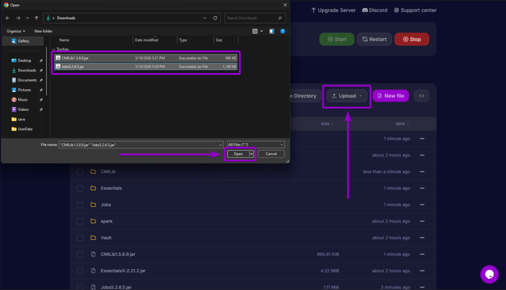 Uploading the Jobs Reborn jar file into the server's plugins directory