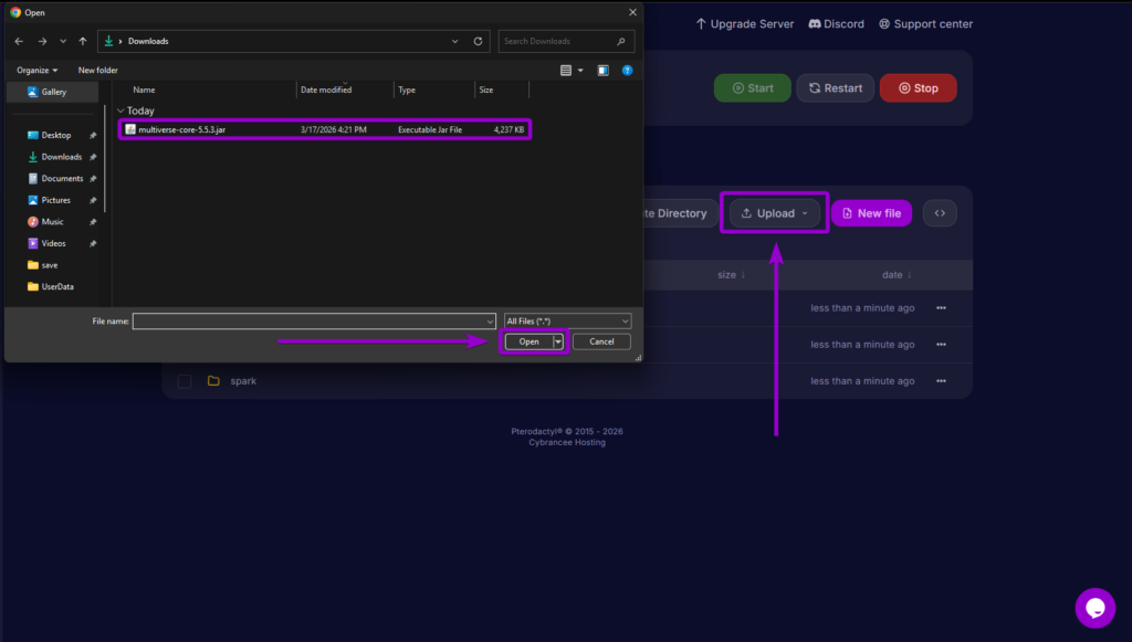 Uploading the Multiverse-Core jar file into the server's plugins directory