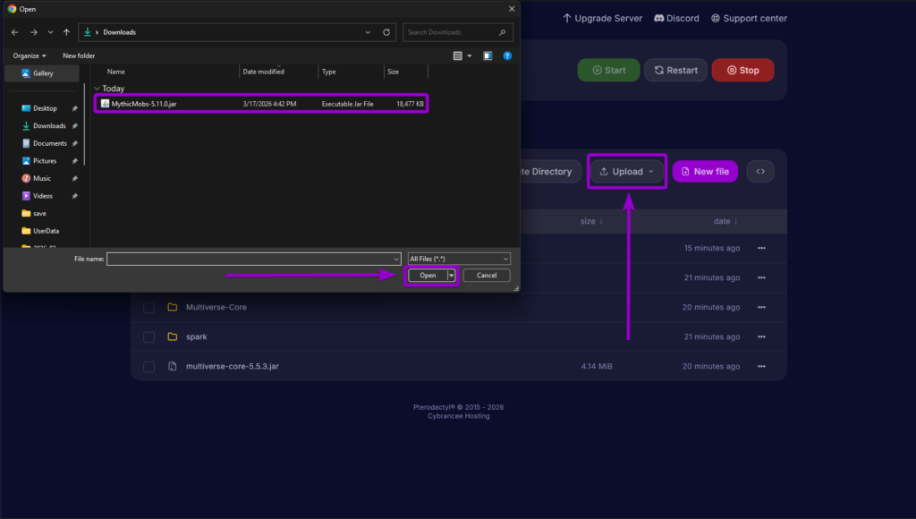 Uploading the MythicMobs jar file into the server's plugins directory