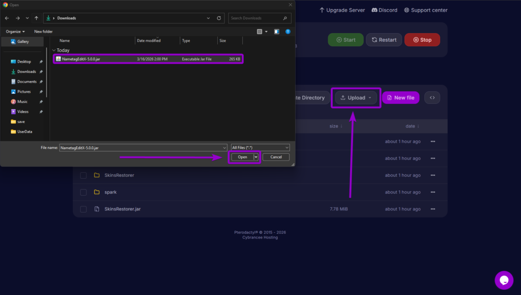 Uploading the NametagEditX executable jar file into the server's plugins directory