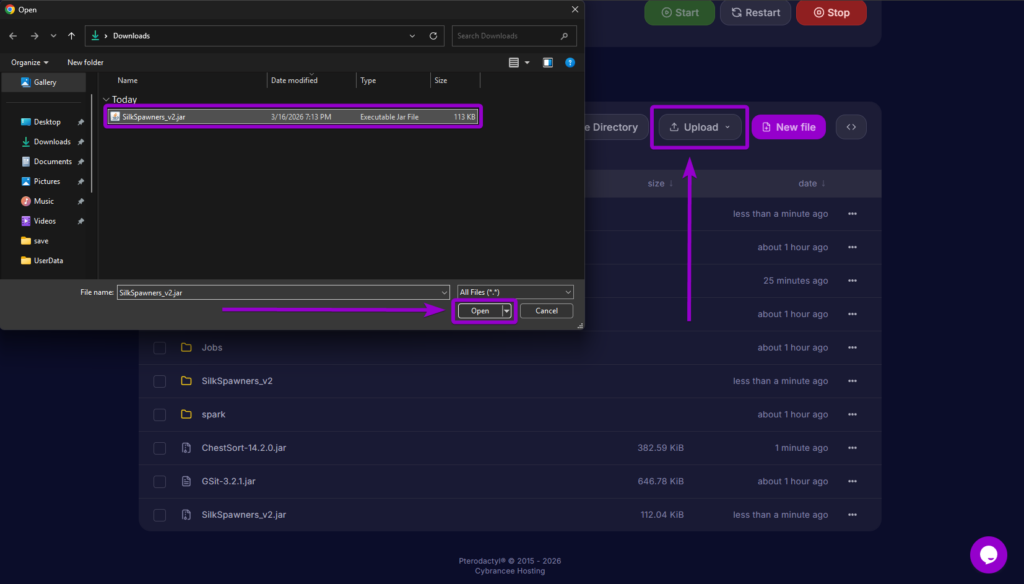 Uploading the SilkSpawners jar file into the server's plugins directory
