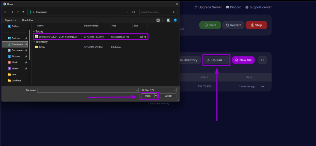 Uploading the SkinsRestorer jar file into the server's plugins directory