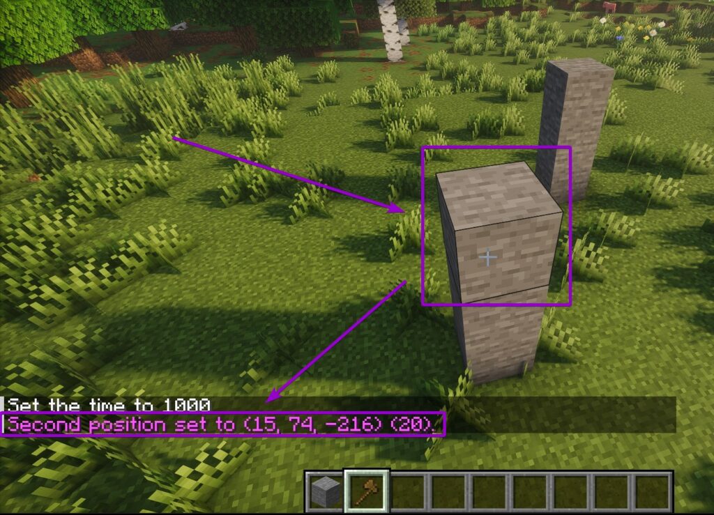 Right-clicking the opposite block with the WorldEdit wand to set the second position, with the chat confirmation highlighted