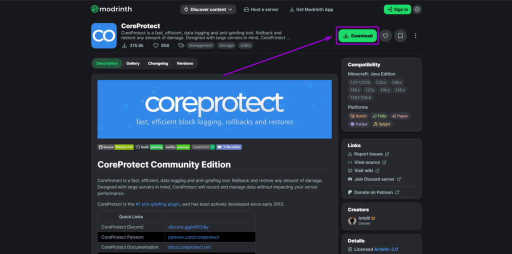 modrinth CoreProtect download button