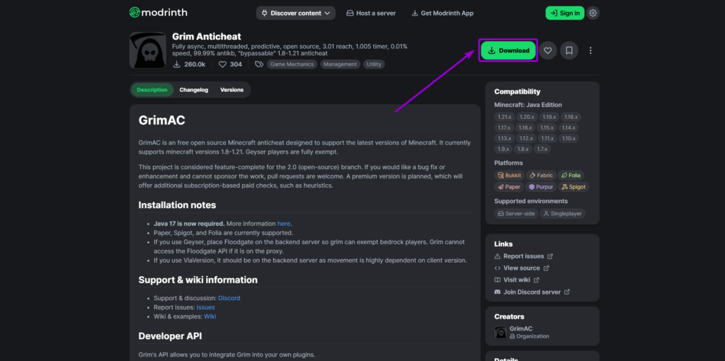 modrinth GrimAntiCheat download Button