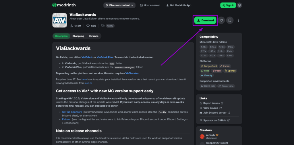 modrinth ViaBackwards Download Button