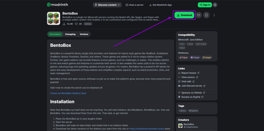 Modrinth BentoBox plugin download button