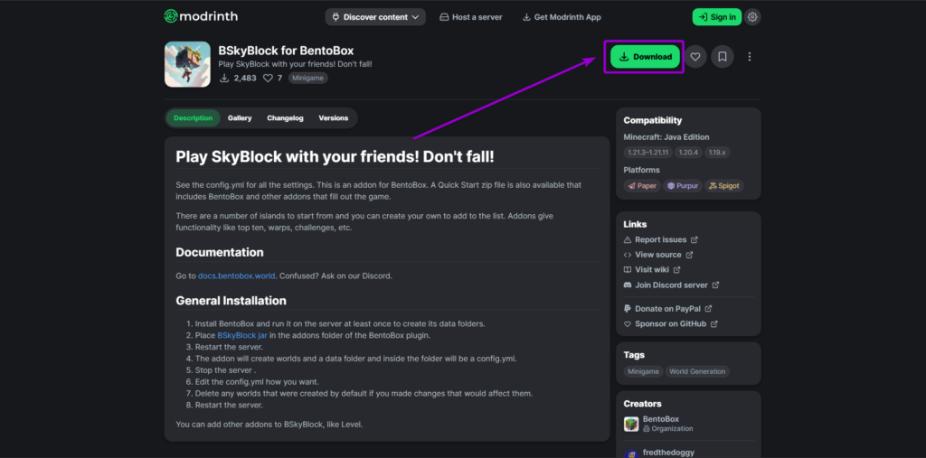 Modrinth BSkyBlock addon download button