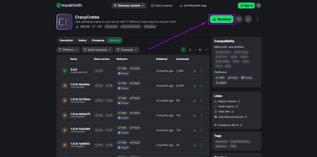 Modrinth CrazyCrates plugin download button