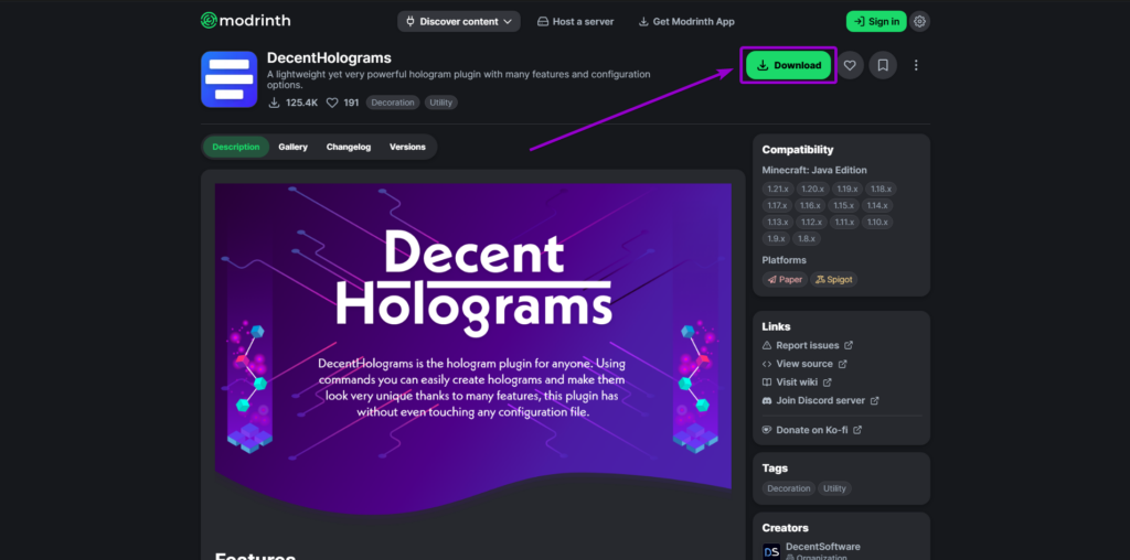 Modrinth DecentHolograms plugin download button